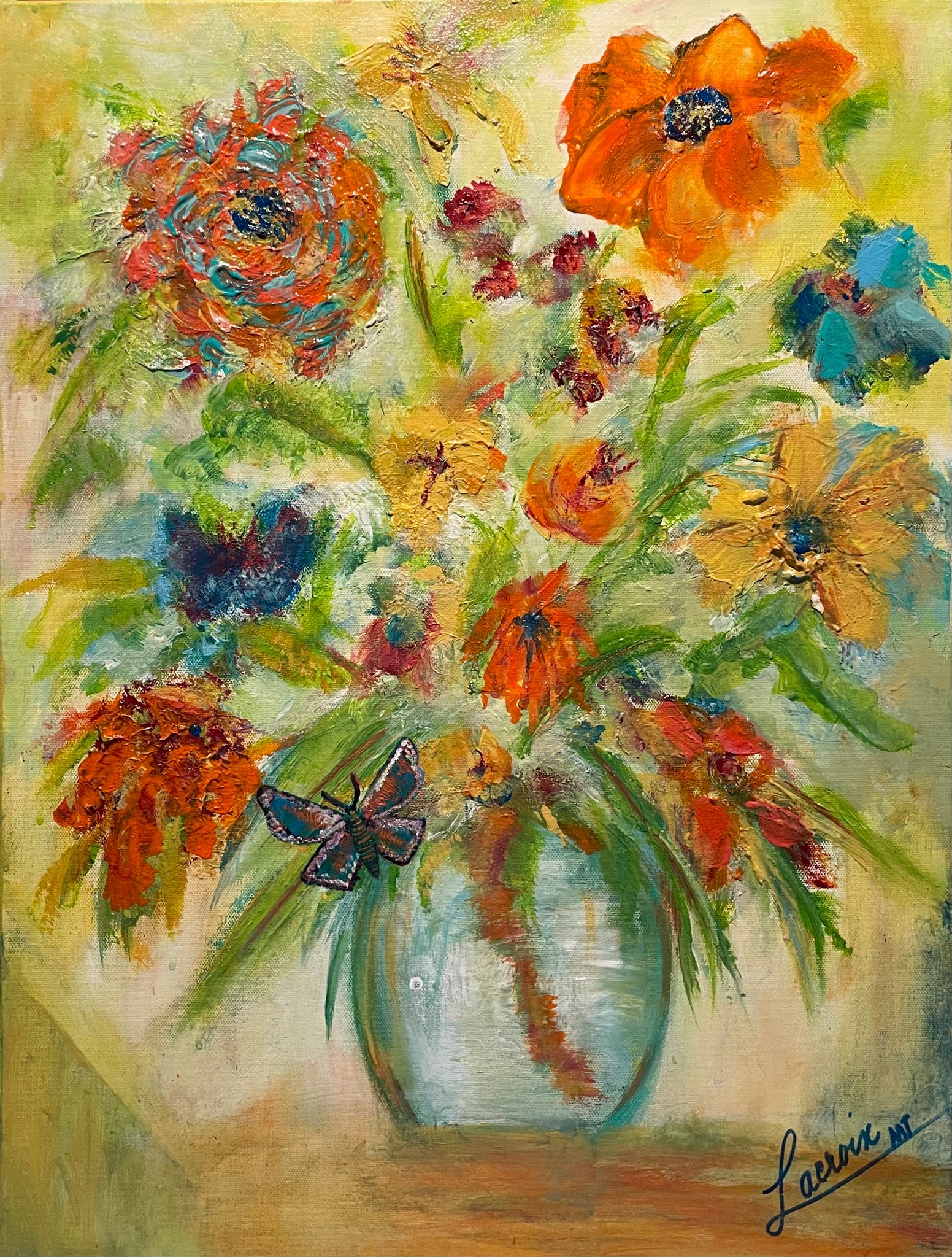 Butterfly and Flowers - Original Painting - 18x24 Canvas